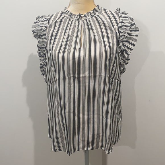 LOFT Striped Ruffle Split Neck Shell XL - Picture 4 of 11